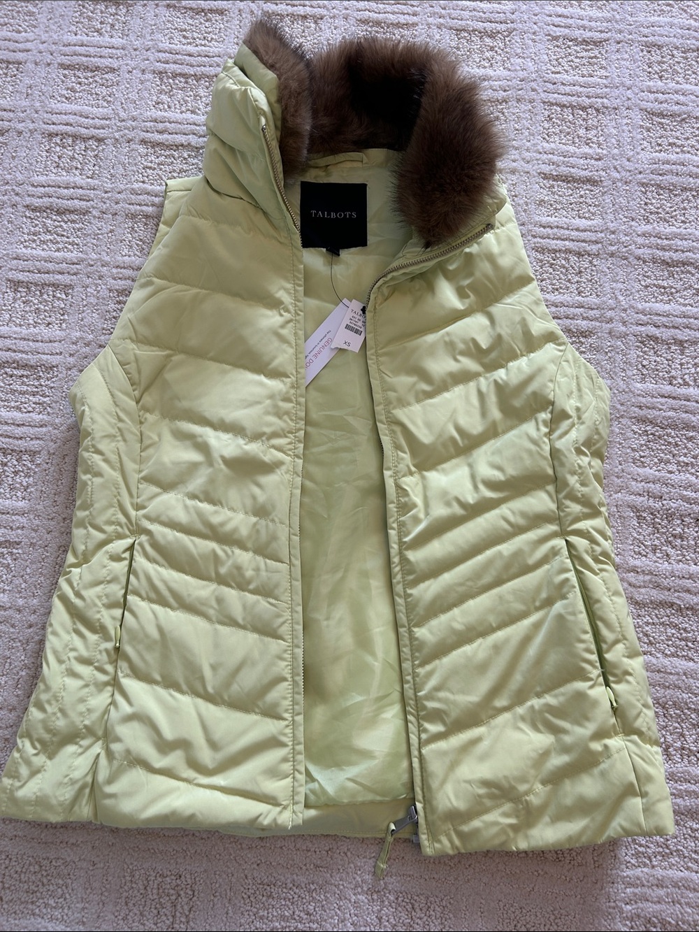 Talbots Pale Lime Quilted Puffer Vest with Removable Fur Collar